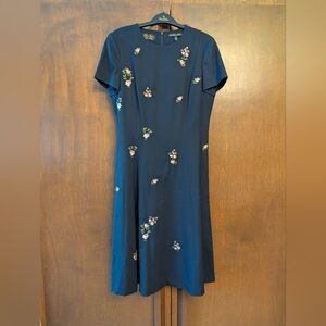 Brooks Brothers Navy Rose Floral Fine Wool Midi Dress